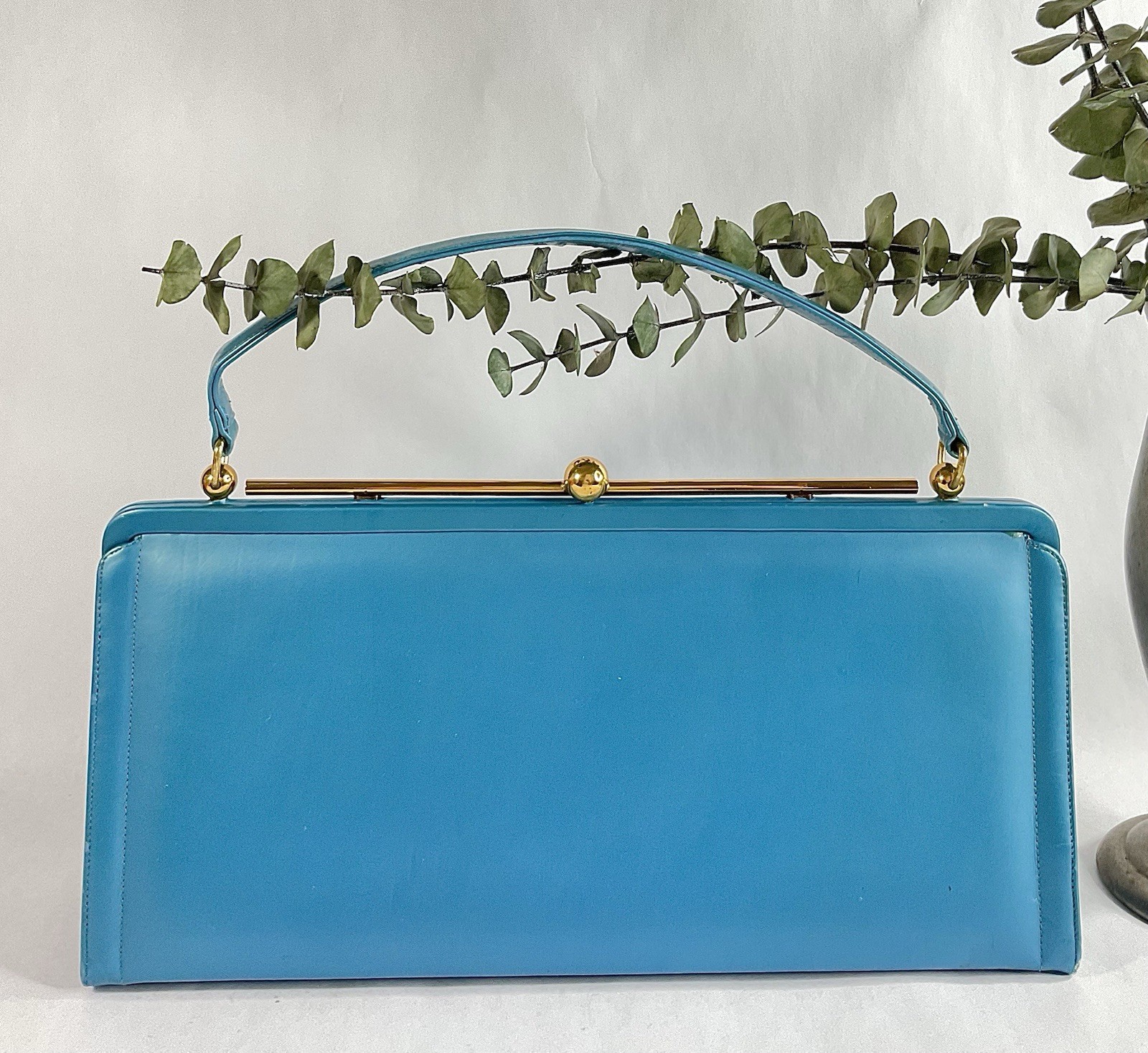 1950s 1960s Andrew Geller Blue Vinyl Handbag, Vtg 50s 60s Purse Rockabilly Retro
