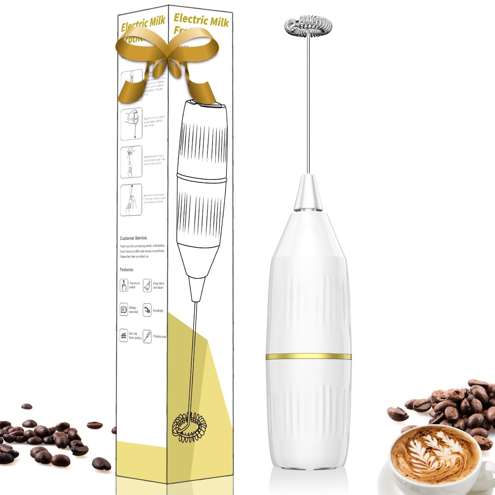 Milk Frother, Mini Mixer for Coffee Latte Matcha, Gift (White) 1 Pcs White
