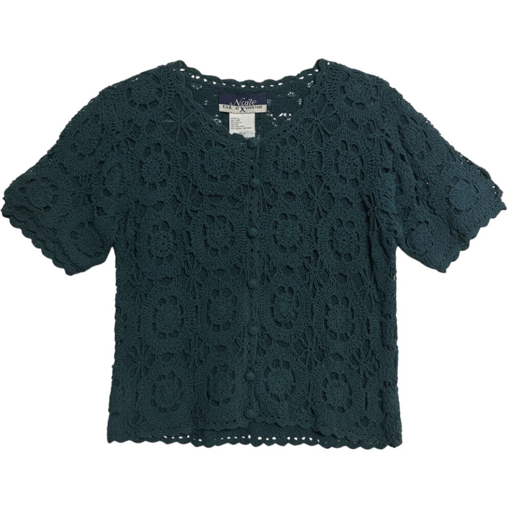 Vintage Noile Silk Exchange Teal Green Crochet Silk Cotton Knit Cardigan Large