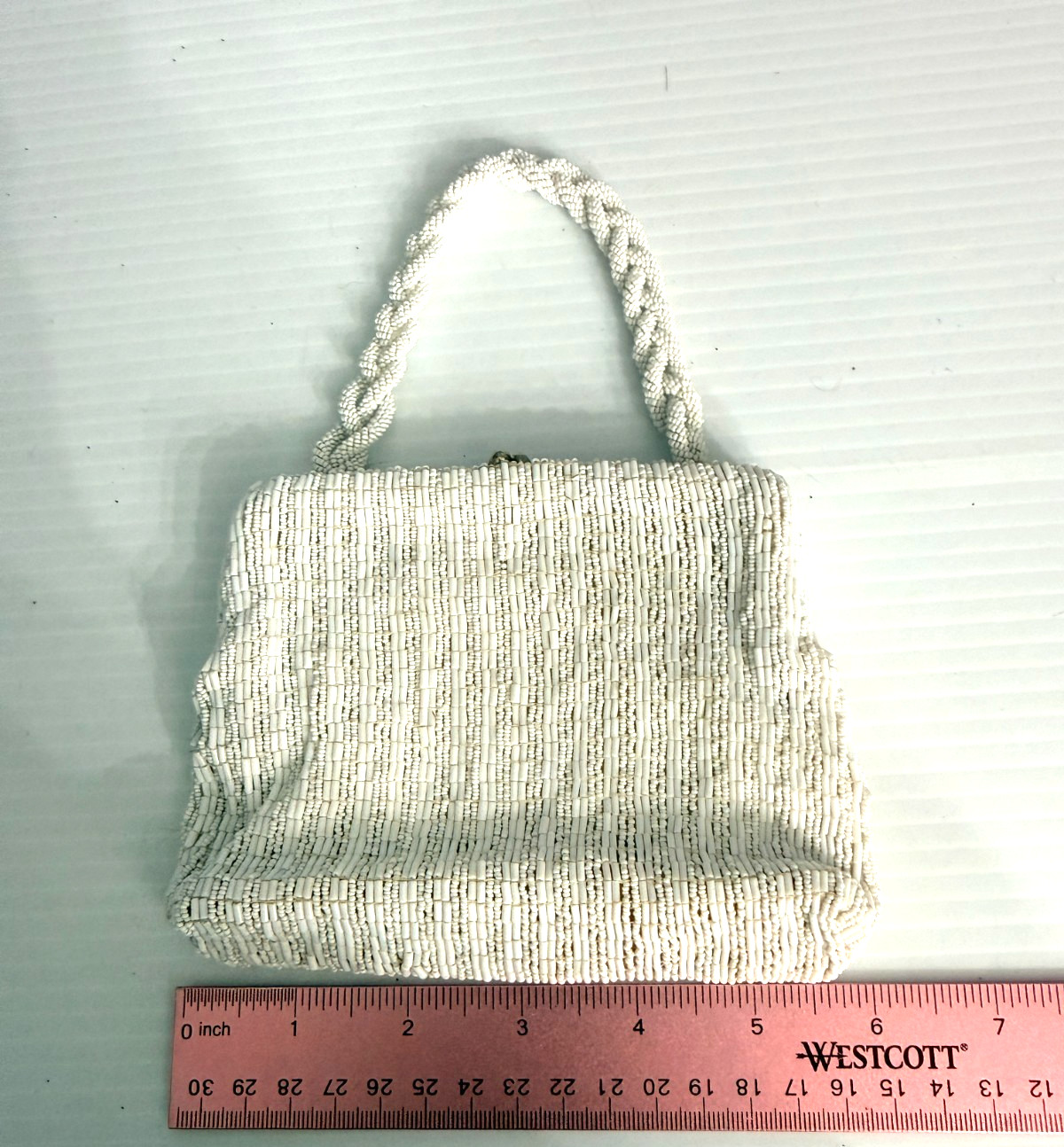 Vintage 1950s Czech Beaded Handbag White Glass Evening Purse Czechoslovakia