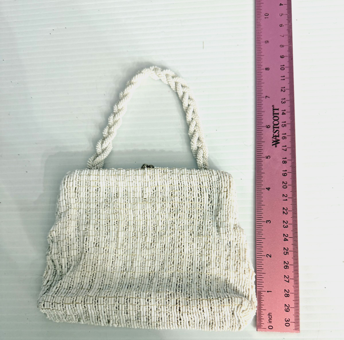 Vintage 1950s Czech Beaded Handbag White Glass Evening Purse Czechoslovakia