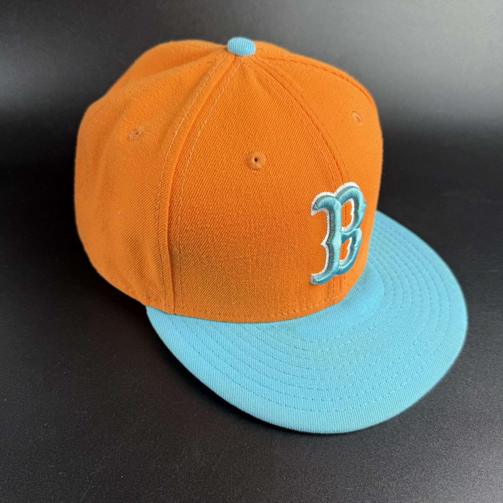 New Era 59FIFTY Boston B MLB Fitted Hat Cap Orange Teal Size 7 5/8 60.6cm