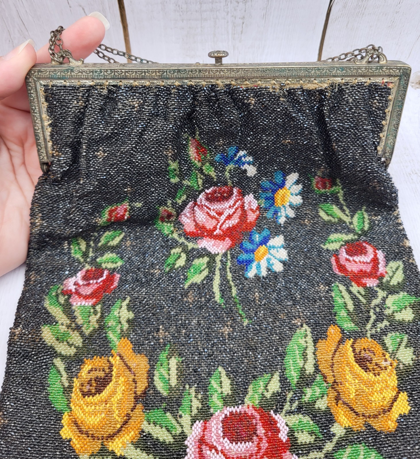 Large 13″ Antique Art Nouveau Floral Beaded Purse Handbag
