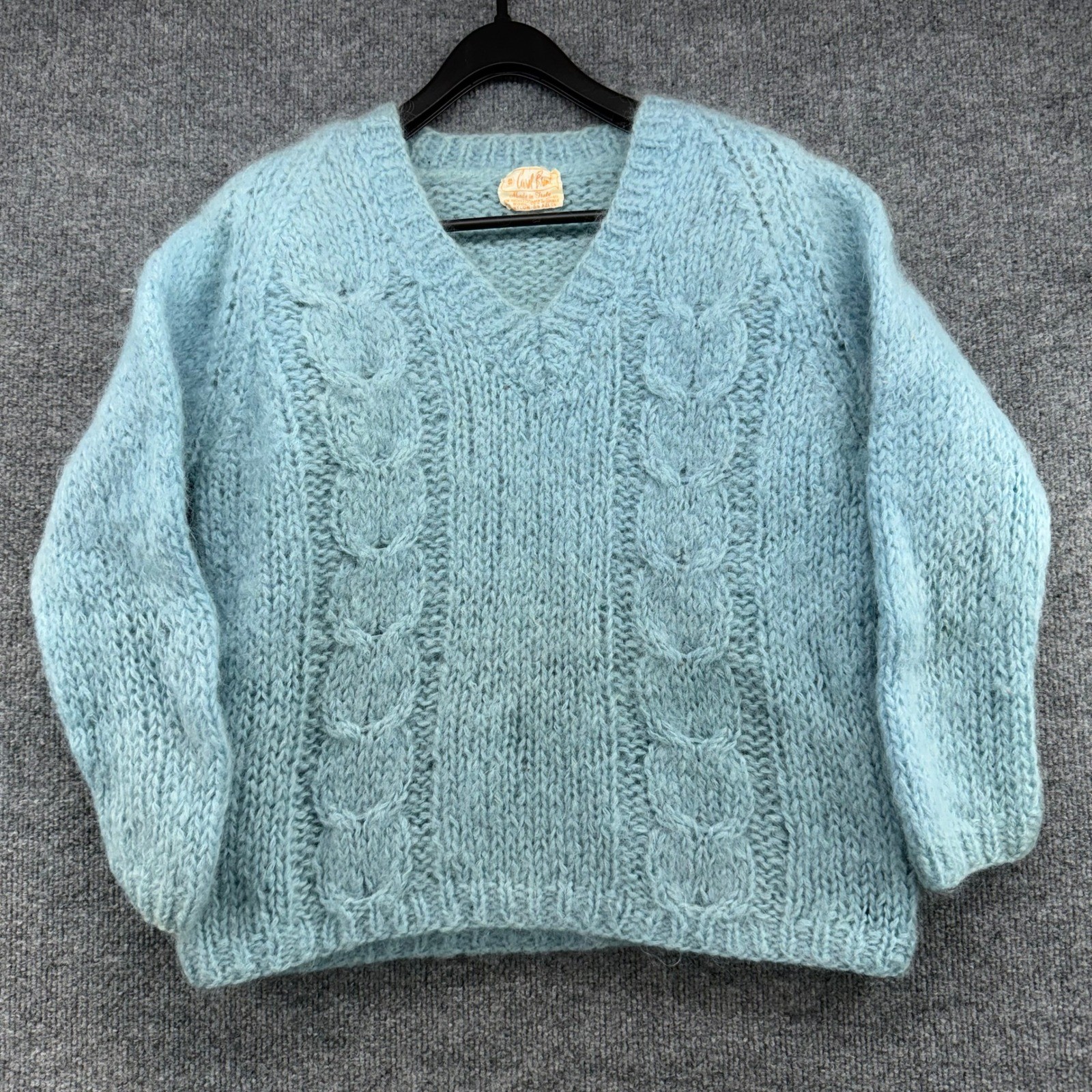 Carol Brent Vintage Mohair Wool Cable Knit Sweater V-Neck Blue Made in Italy