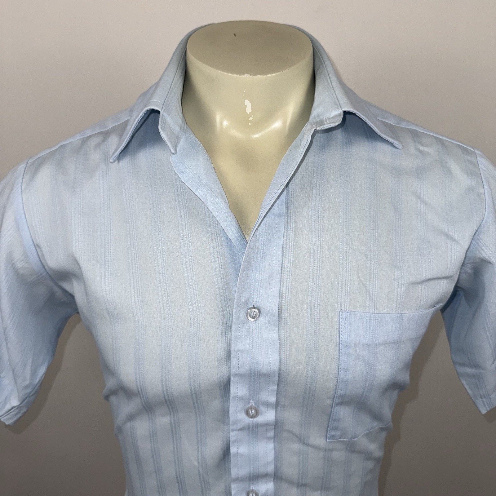 Vintage Sears Dress Shirt MCM Striped Mod Disco Light Blue 70s Medium Mens 15