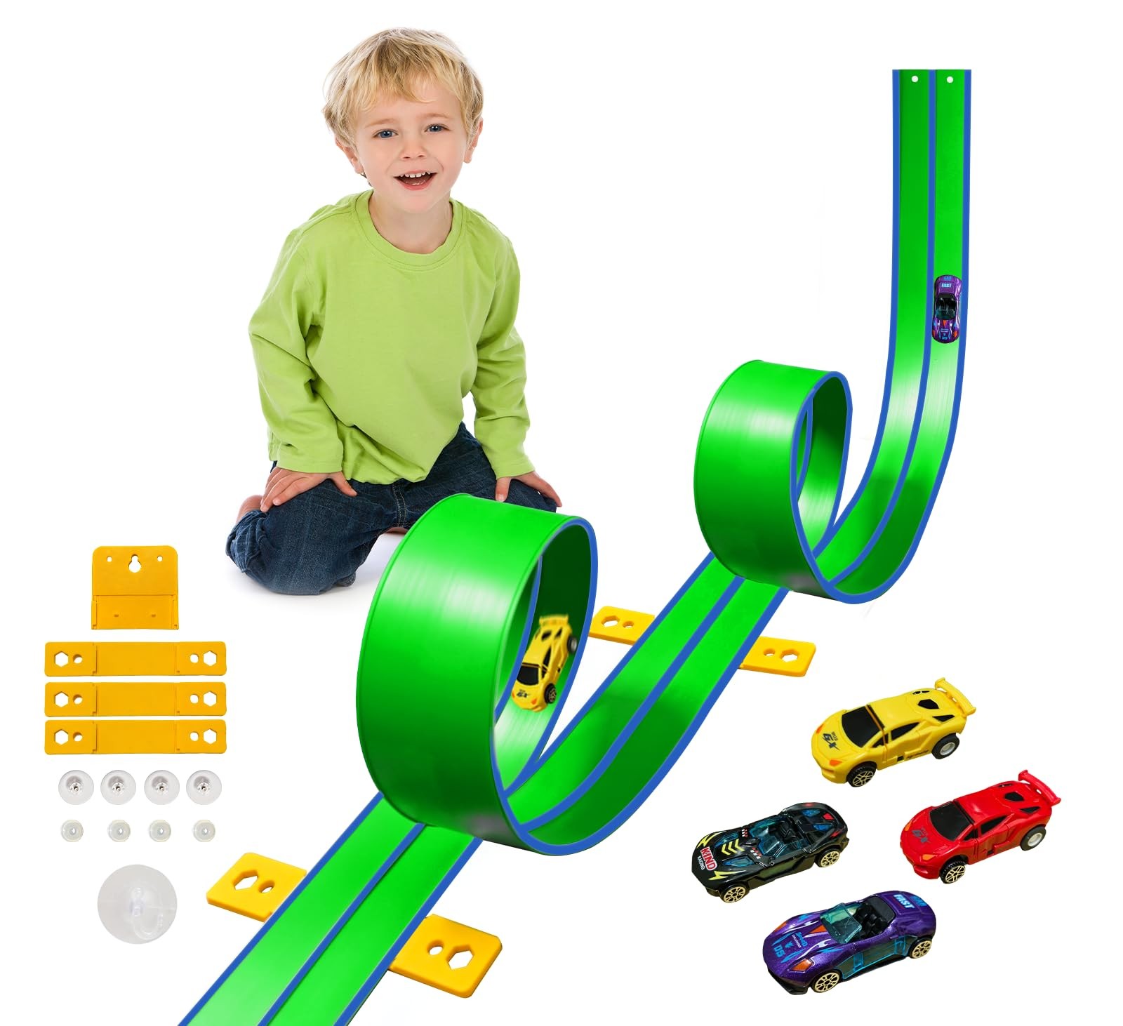15 Ft Flexible Race Car Track (Aqua Green) for Kids,Flex Track Starter Set Compa