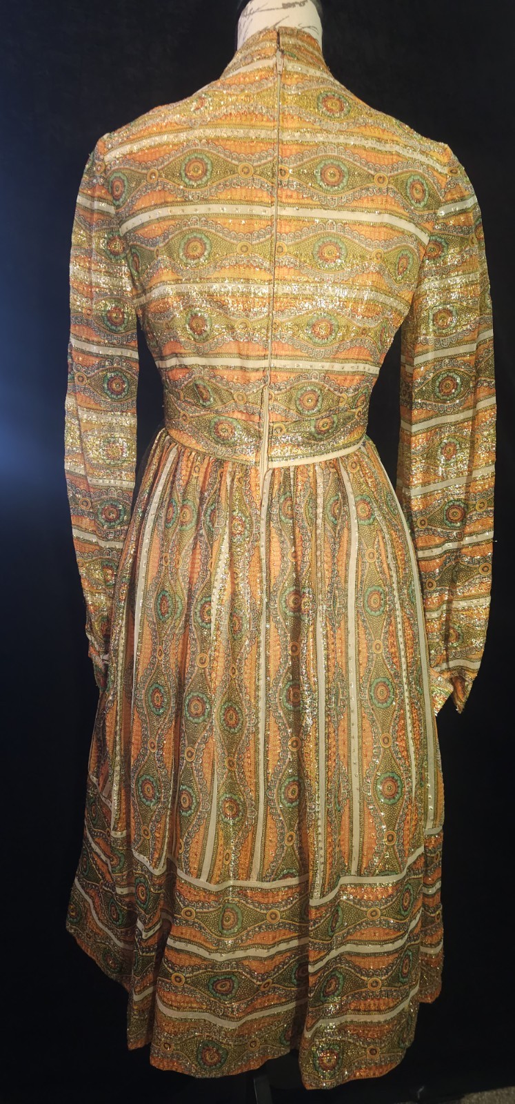 Vintage ILGWU Metallic Lurex Silk Psychedelic Hostess Boho Empire Dress 60s