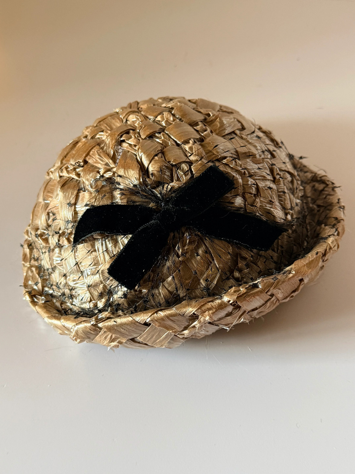 1950s Mr. D Raffia Cocktail Hat Natural Straw Pillbox Black Velvet Bow Vintage