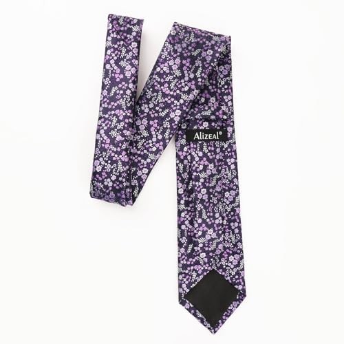 Mens 3.15inches Floral Tie with Flower Printed Handkerchief 142-purple+white