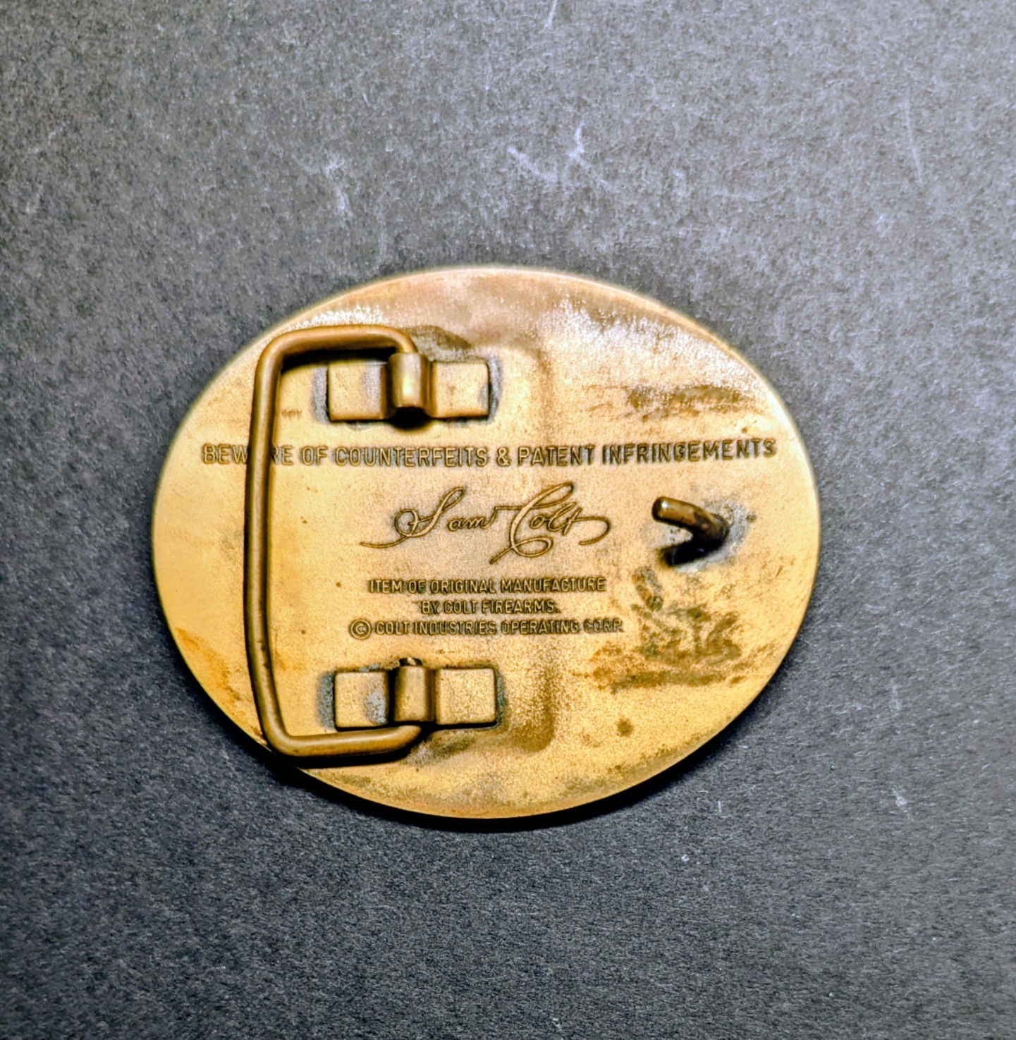 Vintage Official Colt Firearms Brass Belt Buckle Sam Colt 2nd Edition w/ box