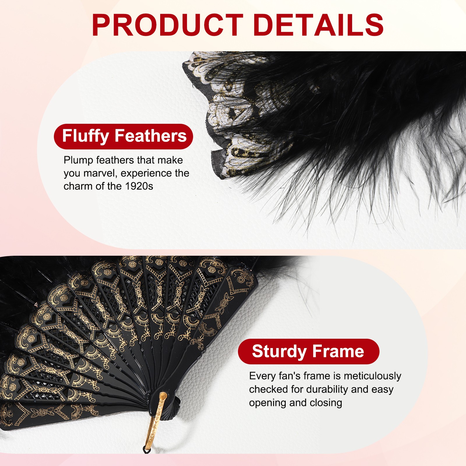 Embroidered Flower Marabou Feather Fan compatible with Costume Party, Black