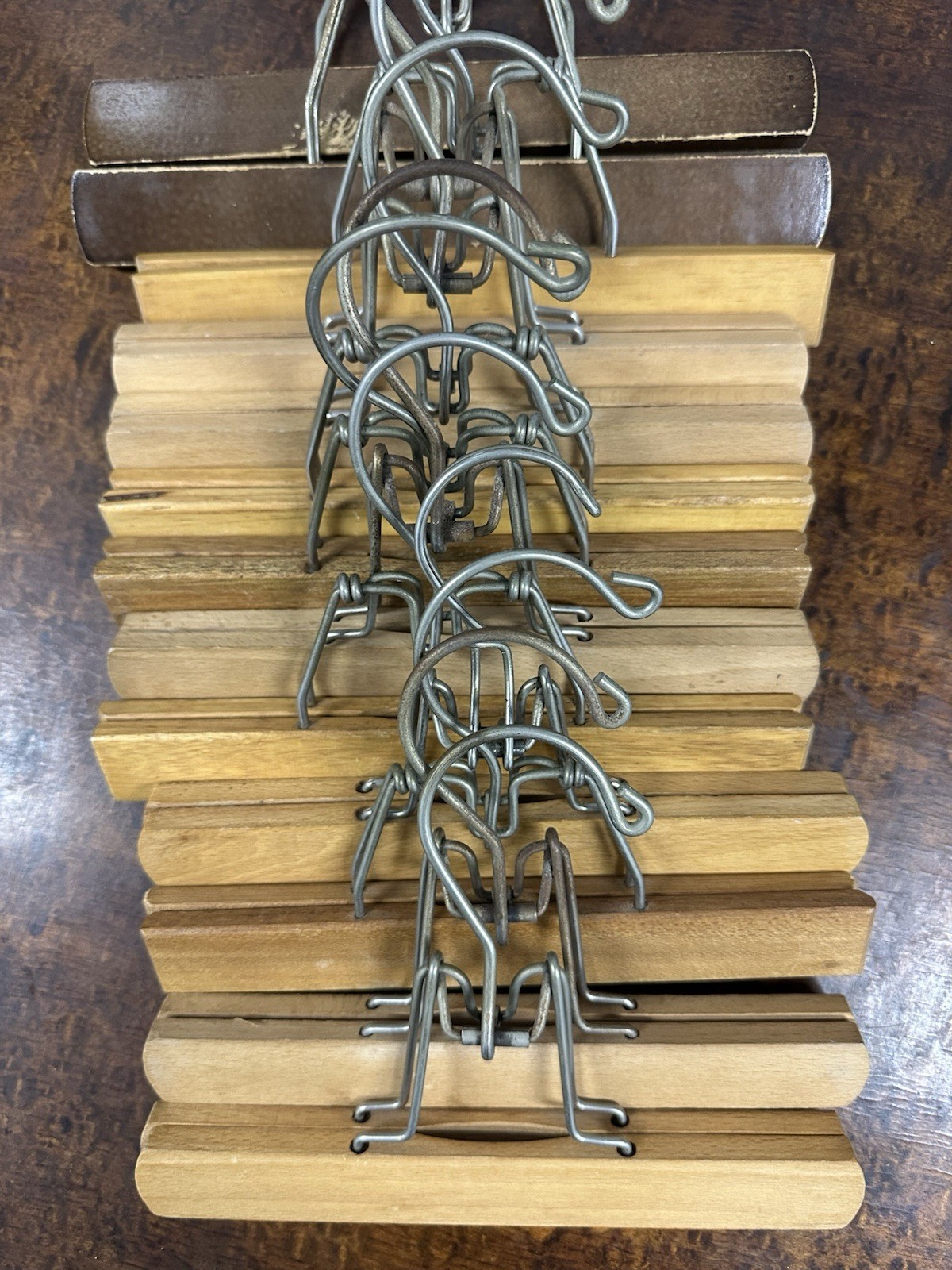 13 Vintage Wooden Pants Closet Hangers Wood Metal Clamps Organizers Jeans 9/10”