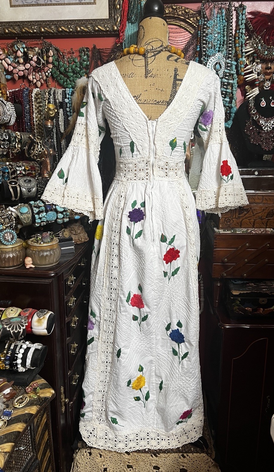 Stunning Oaxaca Mexican Pentuck White Multi Color Embroidery Crochet Dress XS/S
