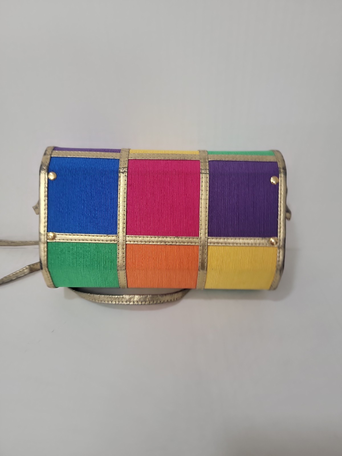 Vintage Color Block Wood Panel Crossbody Clutch Purse Rainbow Gold Trim Unbrande