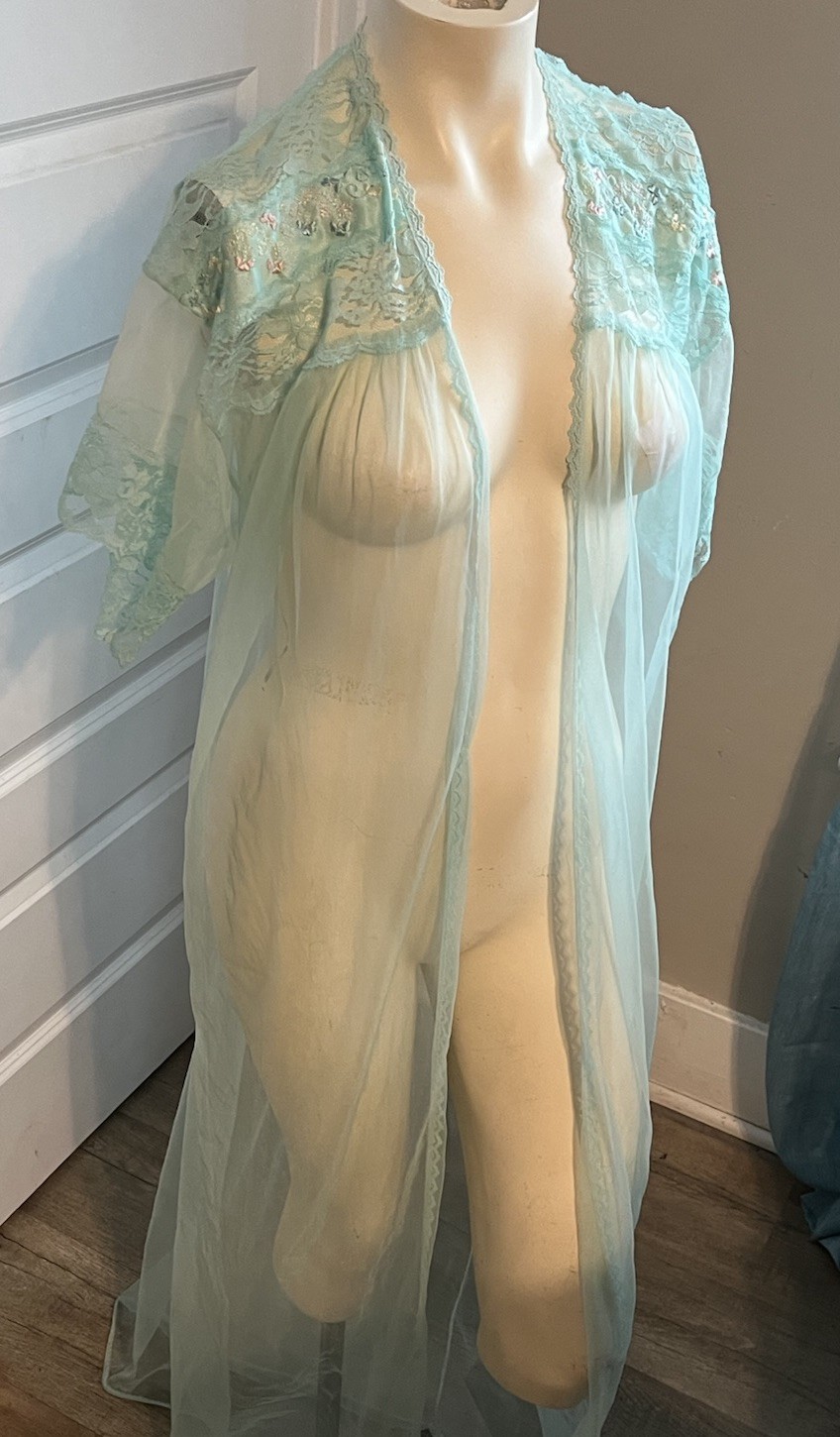 Vintage Stardust Sheer Aqua Blue Lace Robe Nylon Open Front 60” Small S