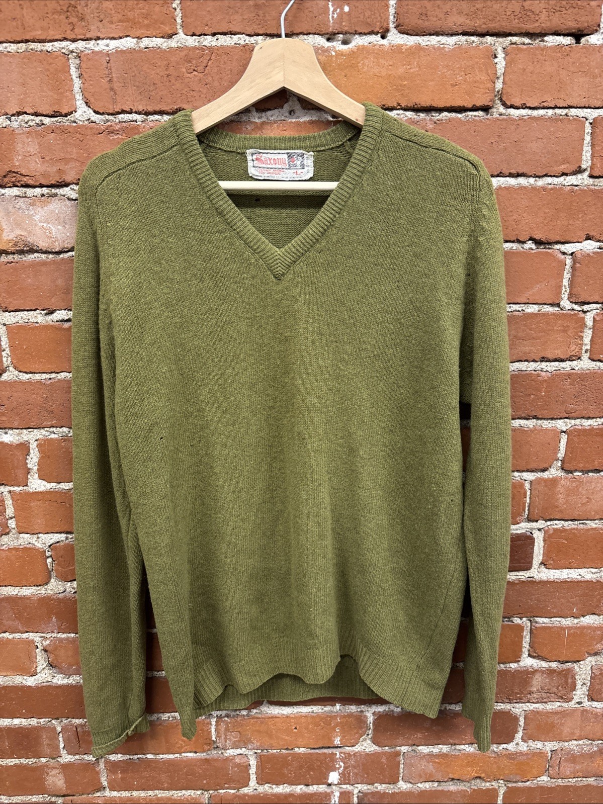 Vintage 60s Saxony Cashmere Lambswool Sweater L Green V-Neck Grunge