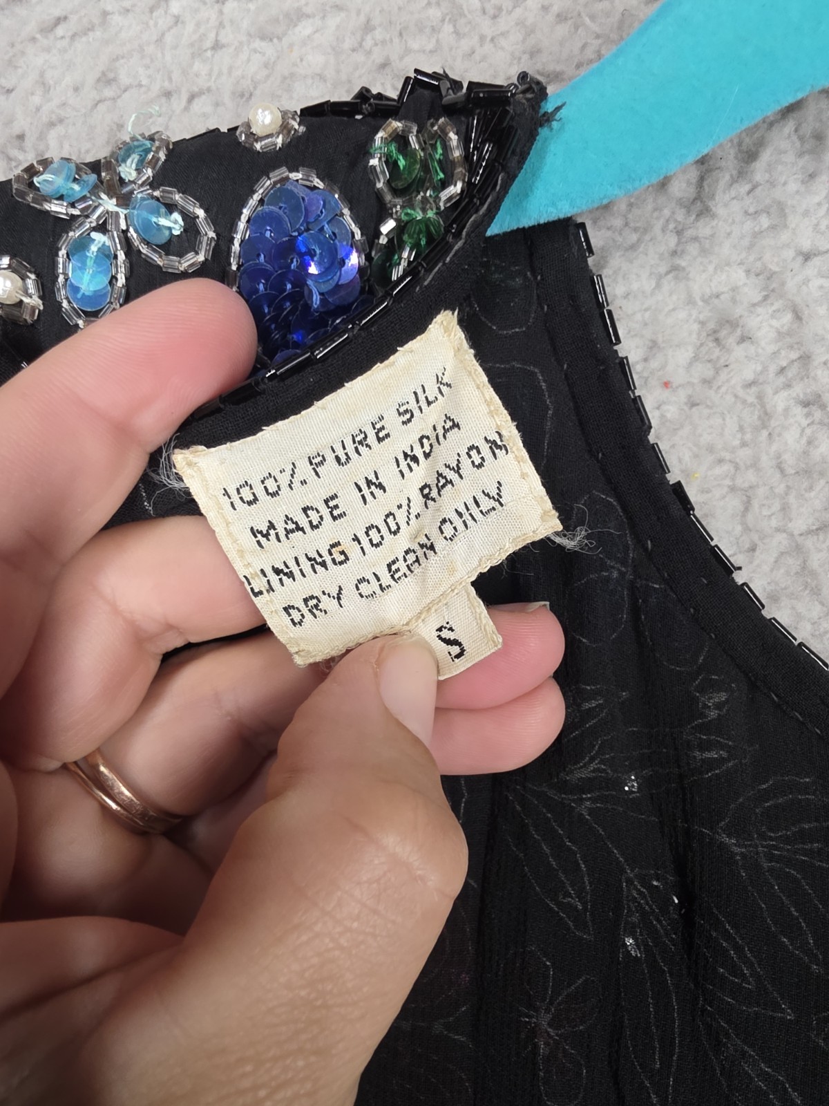 Vintage Black Silk Beaded Cocktail Gown Small With Sequins Sheath Short Sleeve