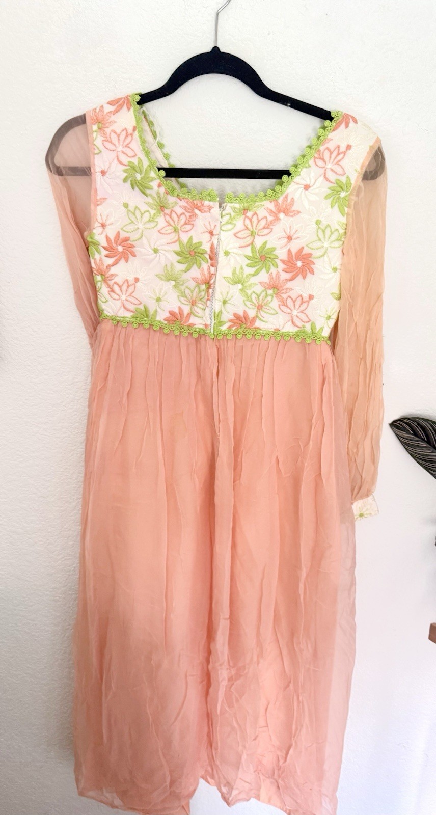 Vintage 60s Dress Embroidered Floral Chiffon Union Made Lace Up Bodice Boho READ