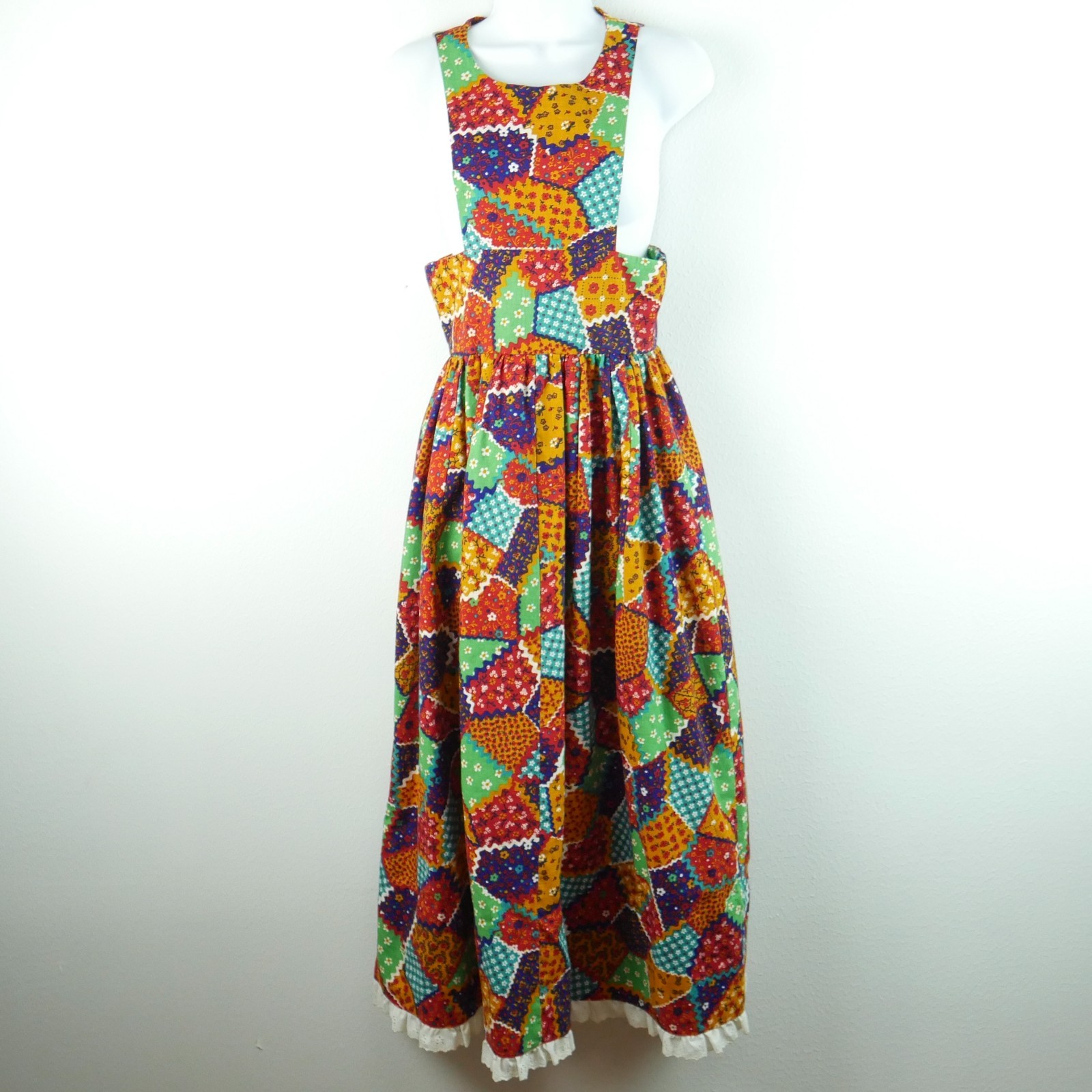 Vintage 70s Pinafore Maxi Dress Apron Patchwork XS S Cottagecore Prairie Ruffle