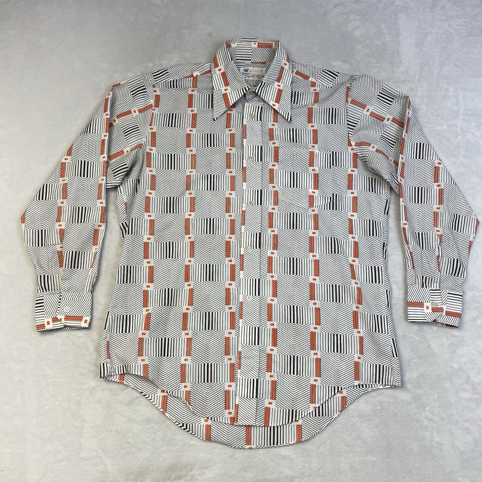 Vintage Stylewise Men’s 15.5 70s geometric print LS button up shirt White