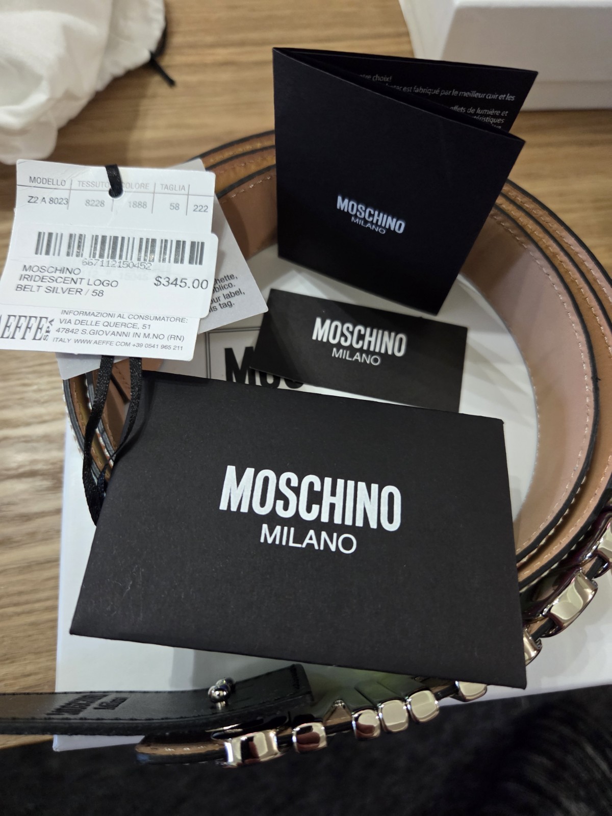 Moschino Couture Logo Silver Lettering Iridescent Belt Size 58 Z2 A8023