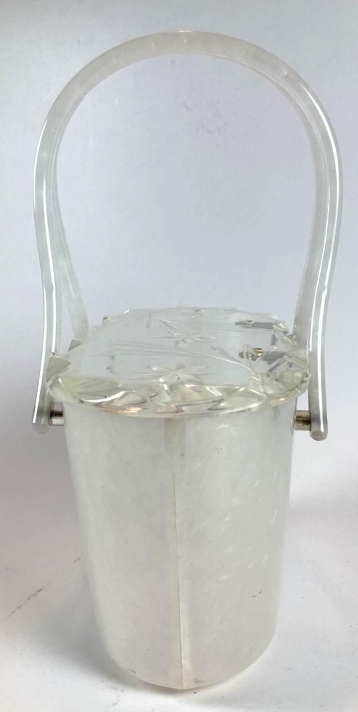 1950s White Marbled Lucite Double Handled Purse with Clear Carved Lid