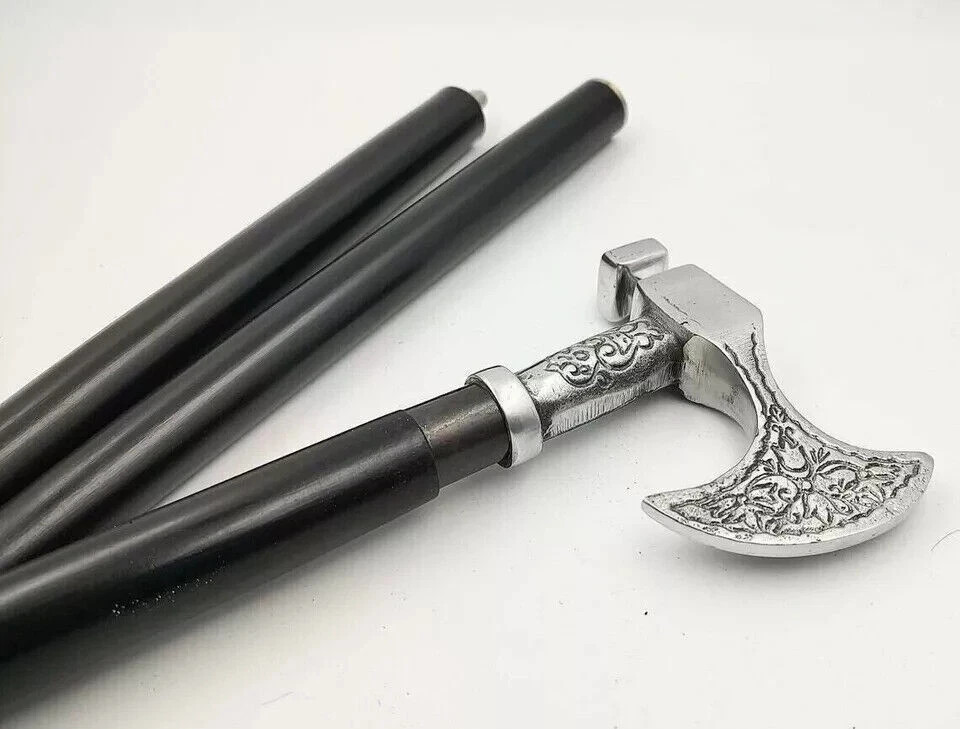 Handmade Walking Stick Wooden Cane Axe Head Handle Victorian Style Viking Gift