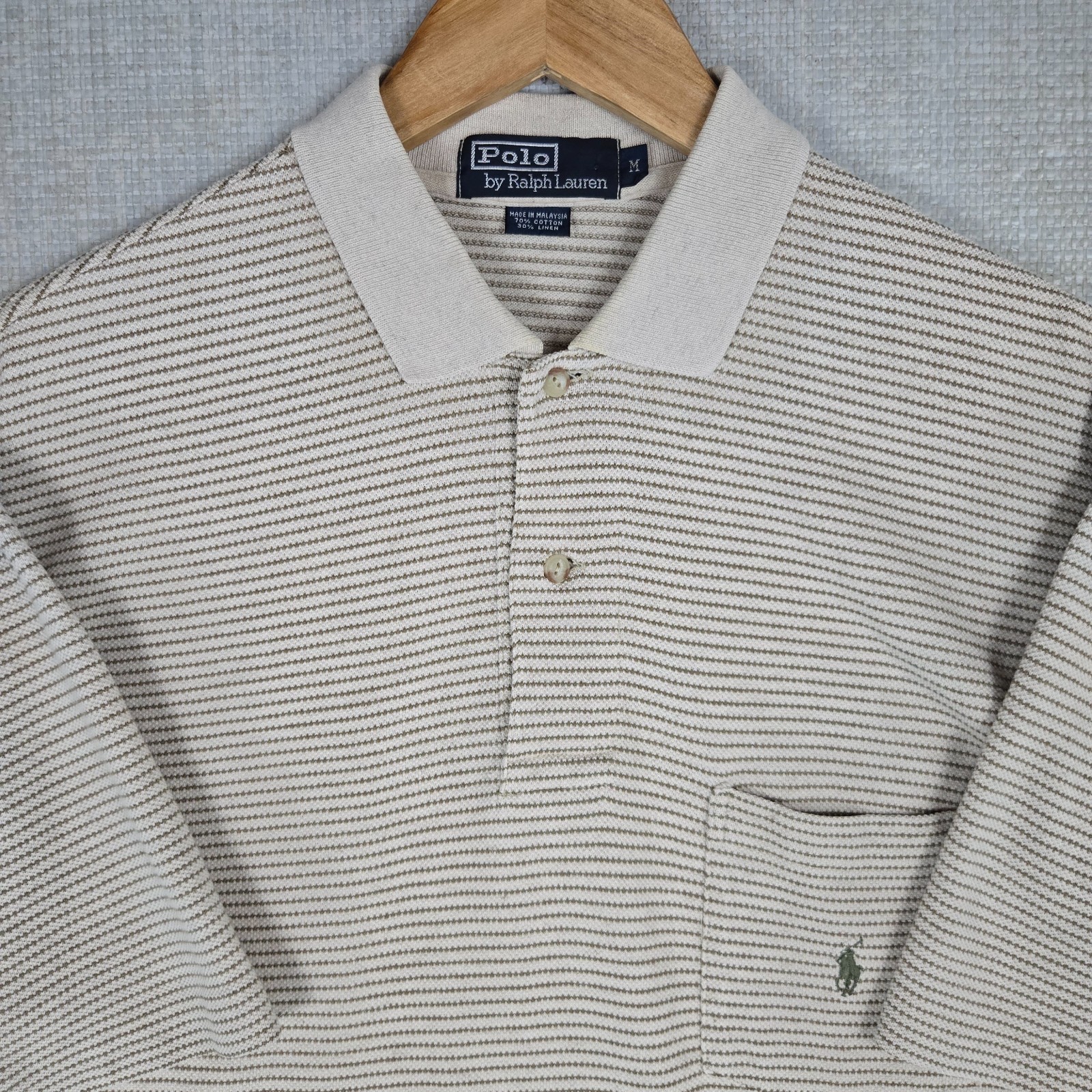 POLO RALPH LAUREN VTG Mens Medium Cotton/Linen Khaki Sand Stripe Polo Shirt