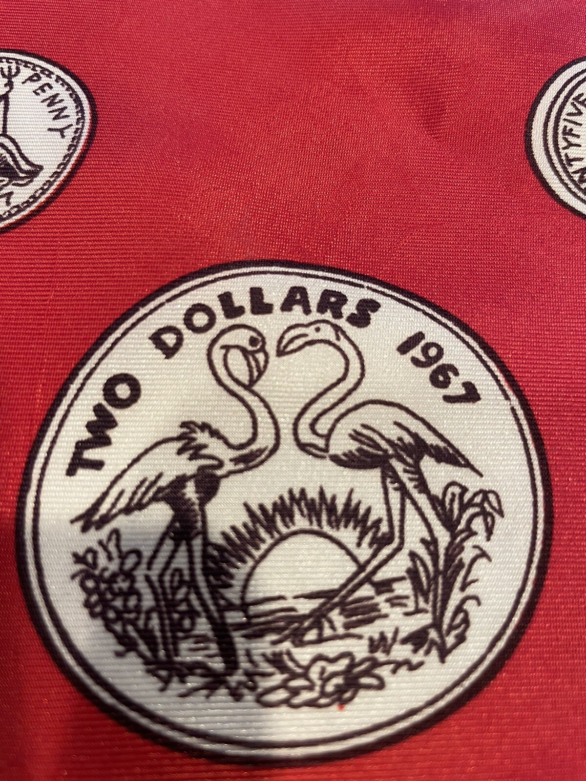 Vtg Scarf Red Thirkell of London 1967 Bahamian Dollar & British Currency Design