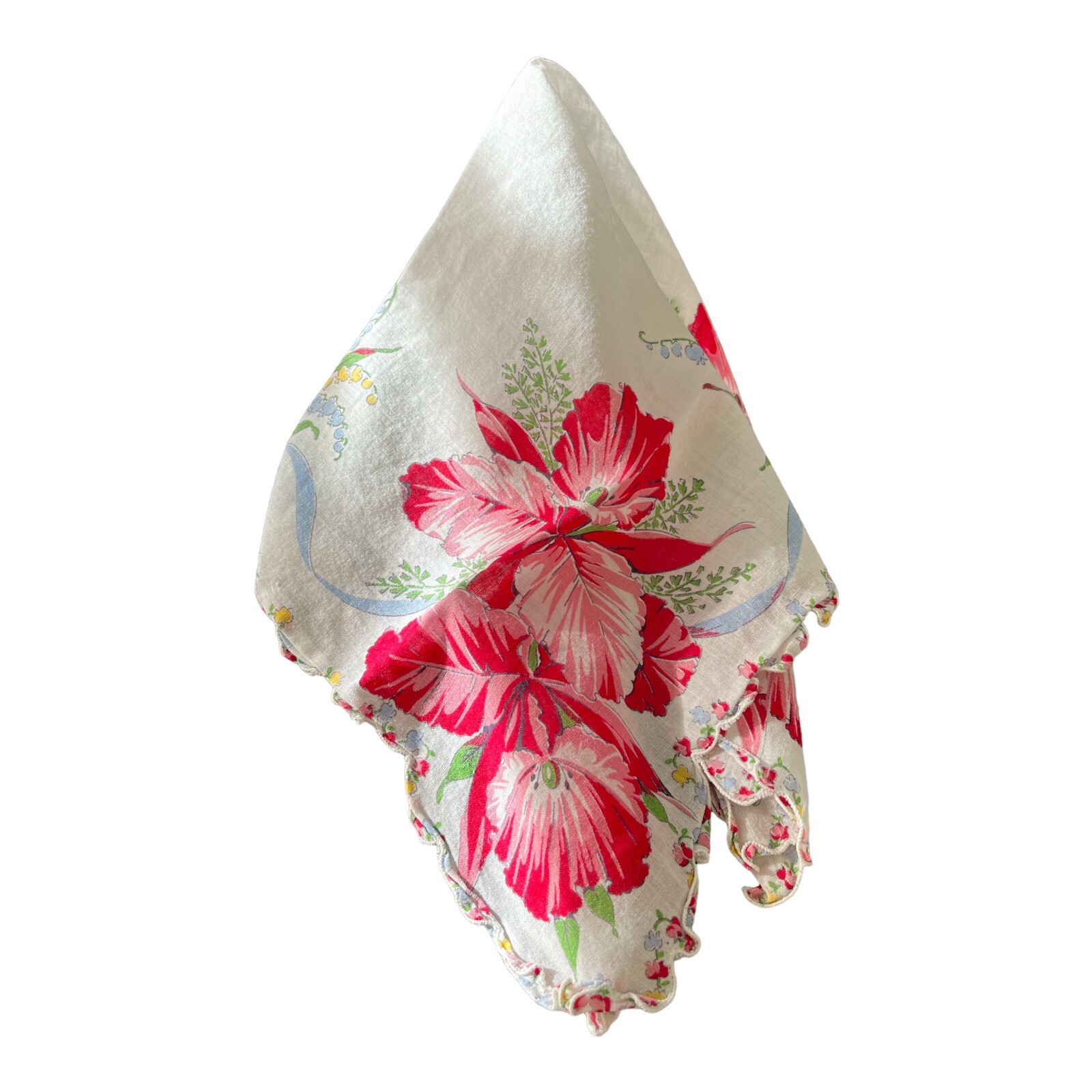 Vintage White Handkerchief Tropical Floral and Ribbon Scalloped Edge Trimmed