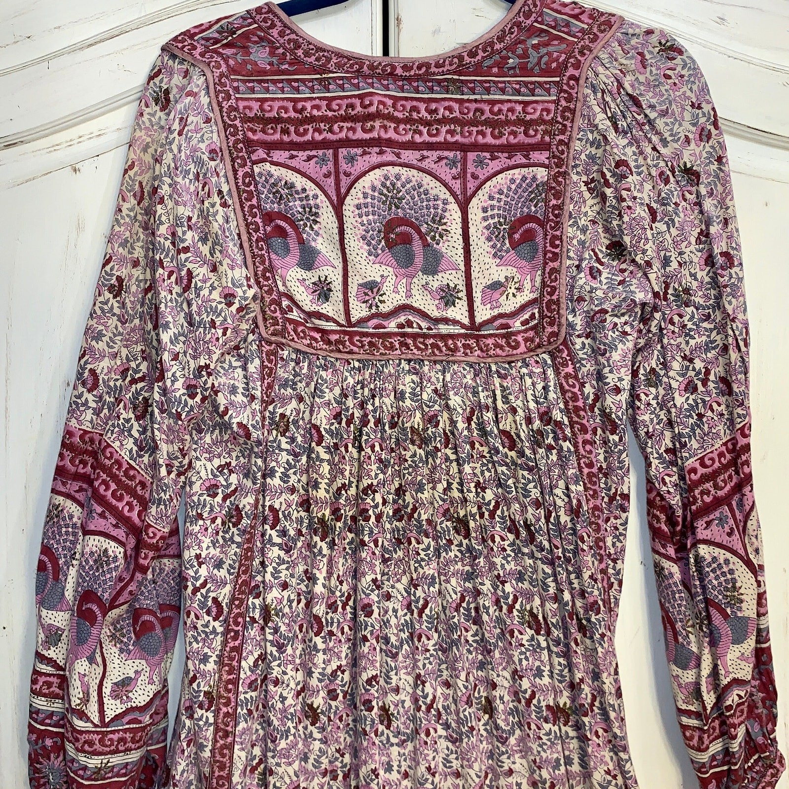 VINTAGE 70’s HIPPIE PEACOCKS BLOCK PRINT INDIA GYPSY DRESS