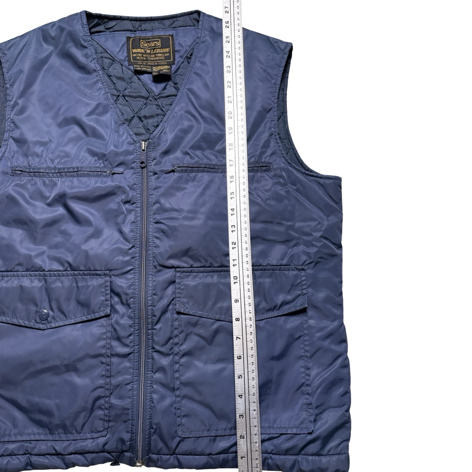 Sears Work Leisure Quilted Vest Navy Blue Full Zip Pocket Nylon Polyester VTG