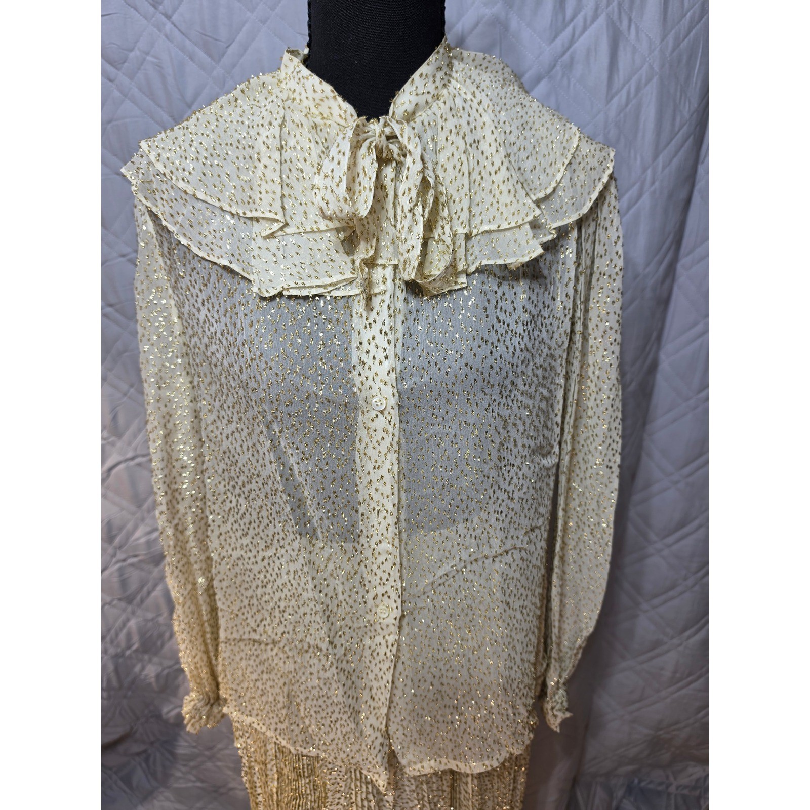 Mose Milano Vintage Silk Gold Metallic Ruffle Blouse Accordion Pleat Skirt Set