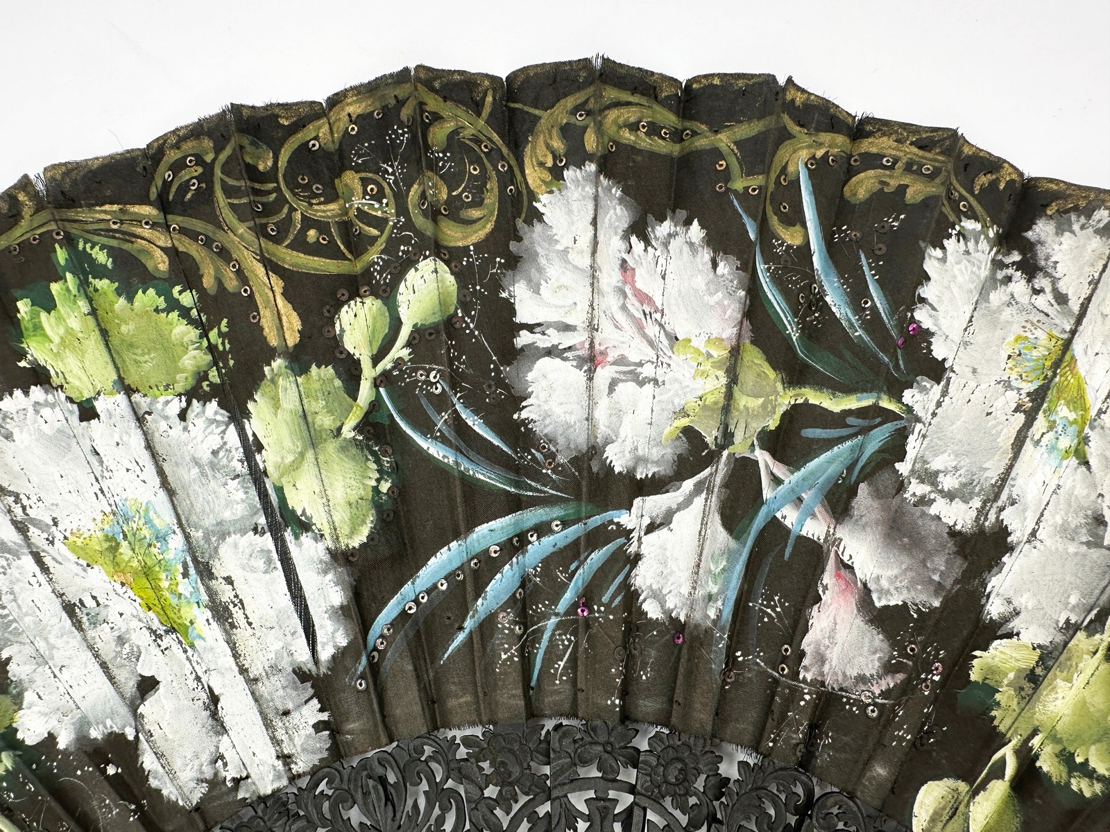 Antique European Folding Fan Ebonized Wood Hand Painted Floral Gauze c1890-1905