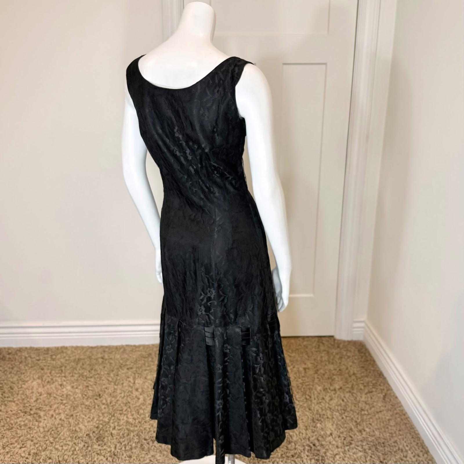 Vintage 50’s MERMAID LACE MIDI DRESS BOW Goth Drop Waist Cocktail Wiggle Prom