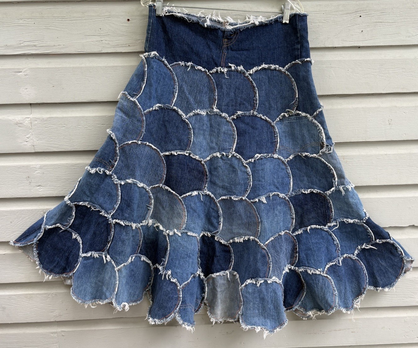 Vintage 1960s 70s LEVI Denim Jeans Hippy Patchwork Midi Skirt 34W Mermaid Scale