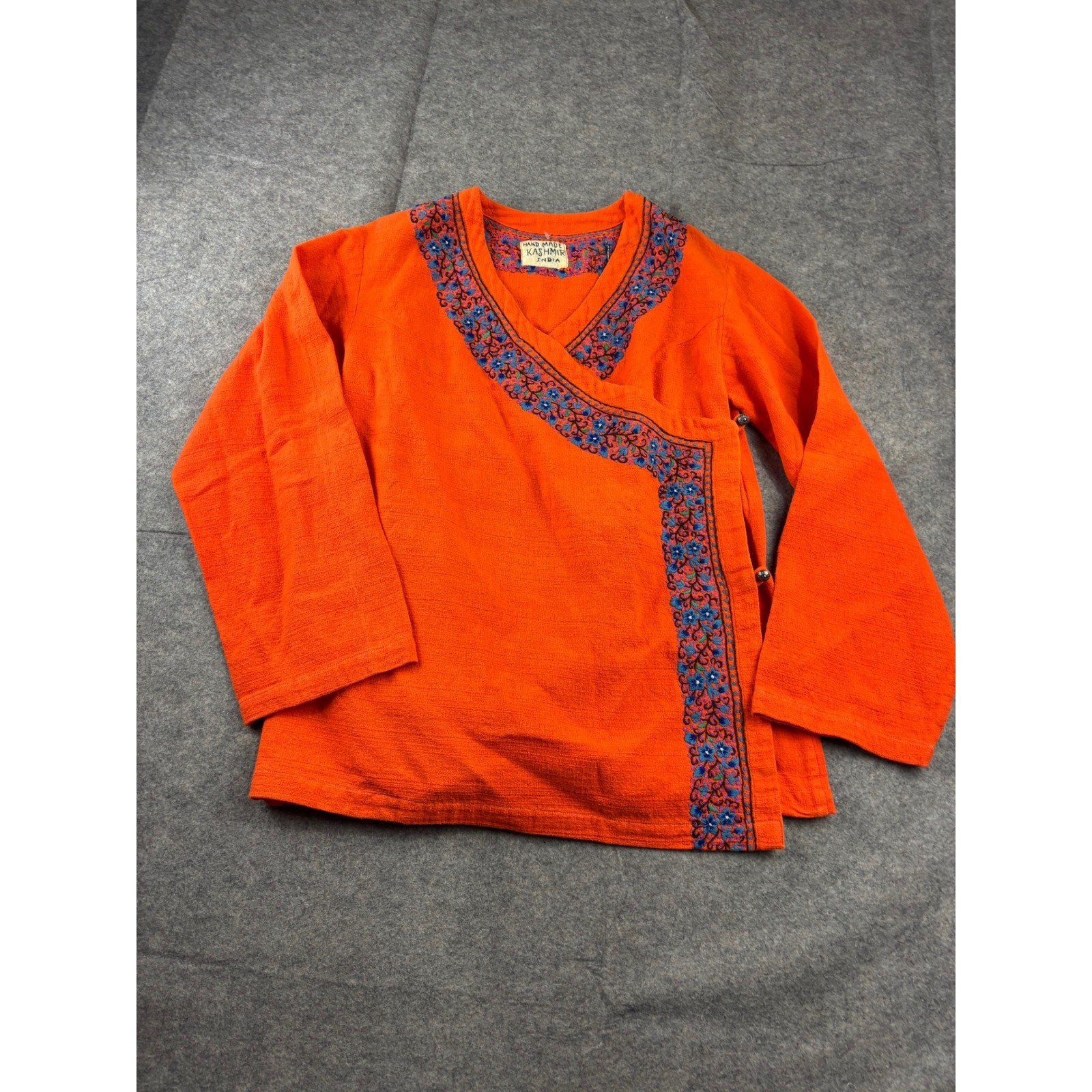 Vintage Hand Made Kashmir India Orange Embroidered Wrap Tunic Top Boho Cotton M?