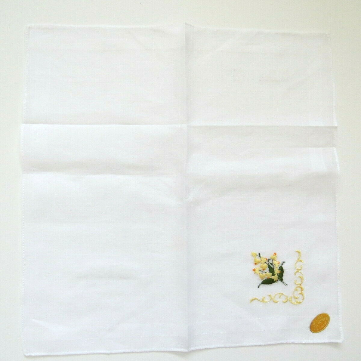 Lily of the Valley Handkerchief – White Yellow Embroidered Flowers Vintage NOS