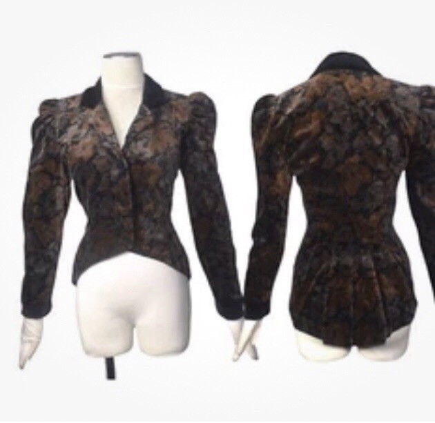 Vintage 80s Velvet Victorian Style Jacket XS S Goth Steampunk Black Brown Floral