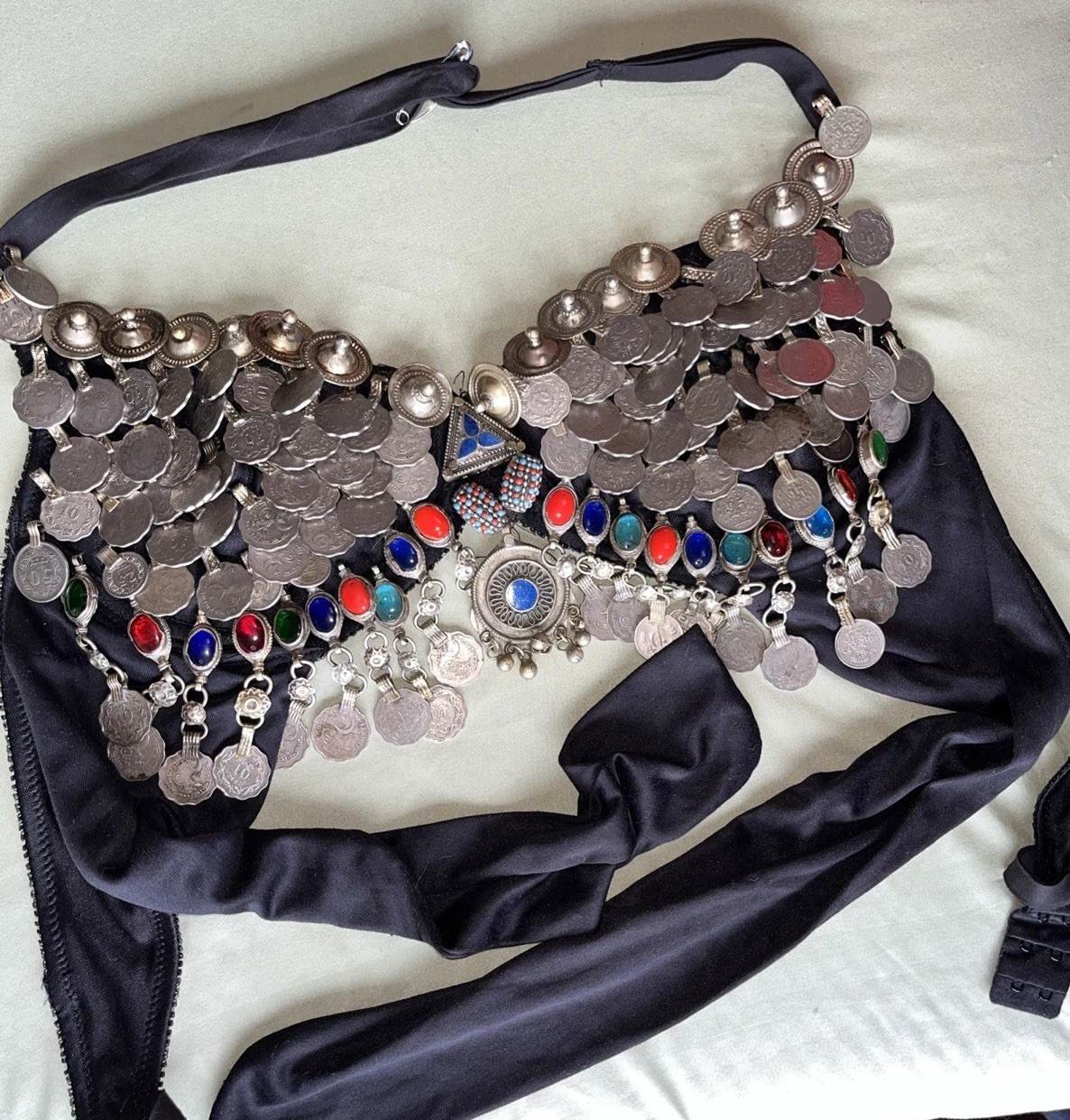 Vtg Kuchi Tribal Belly Dance Coin Bra Lapis Stones Coins 1940s-1970s FREE SHIP