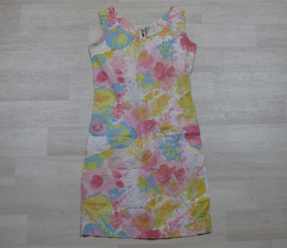 Vintage 60s Mini Sheath Shift Dress (S) Cotton Sleeveless MOD Abstract Floral