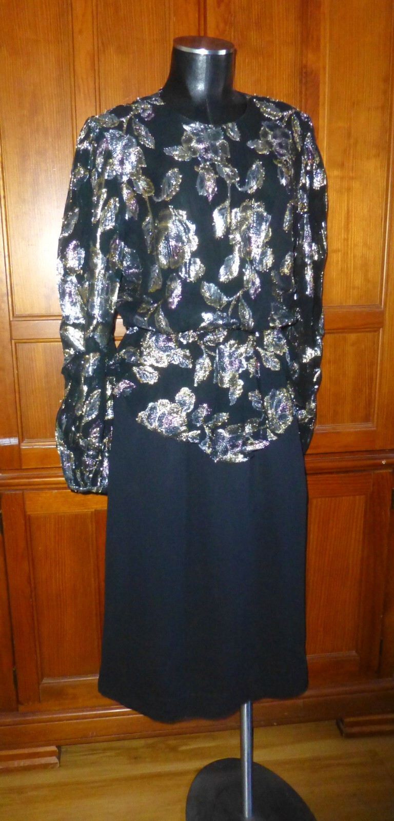 Vtg 80s METALLIC Lurex Lame Burnout Chiffon Balloon Slv Peplum Evening DRESS L