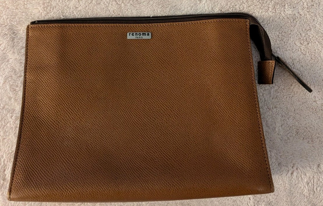 Renoma Paris Vtg Tan Leather Makeup Zipper Pouch Bag 11w 8t 3.5d