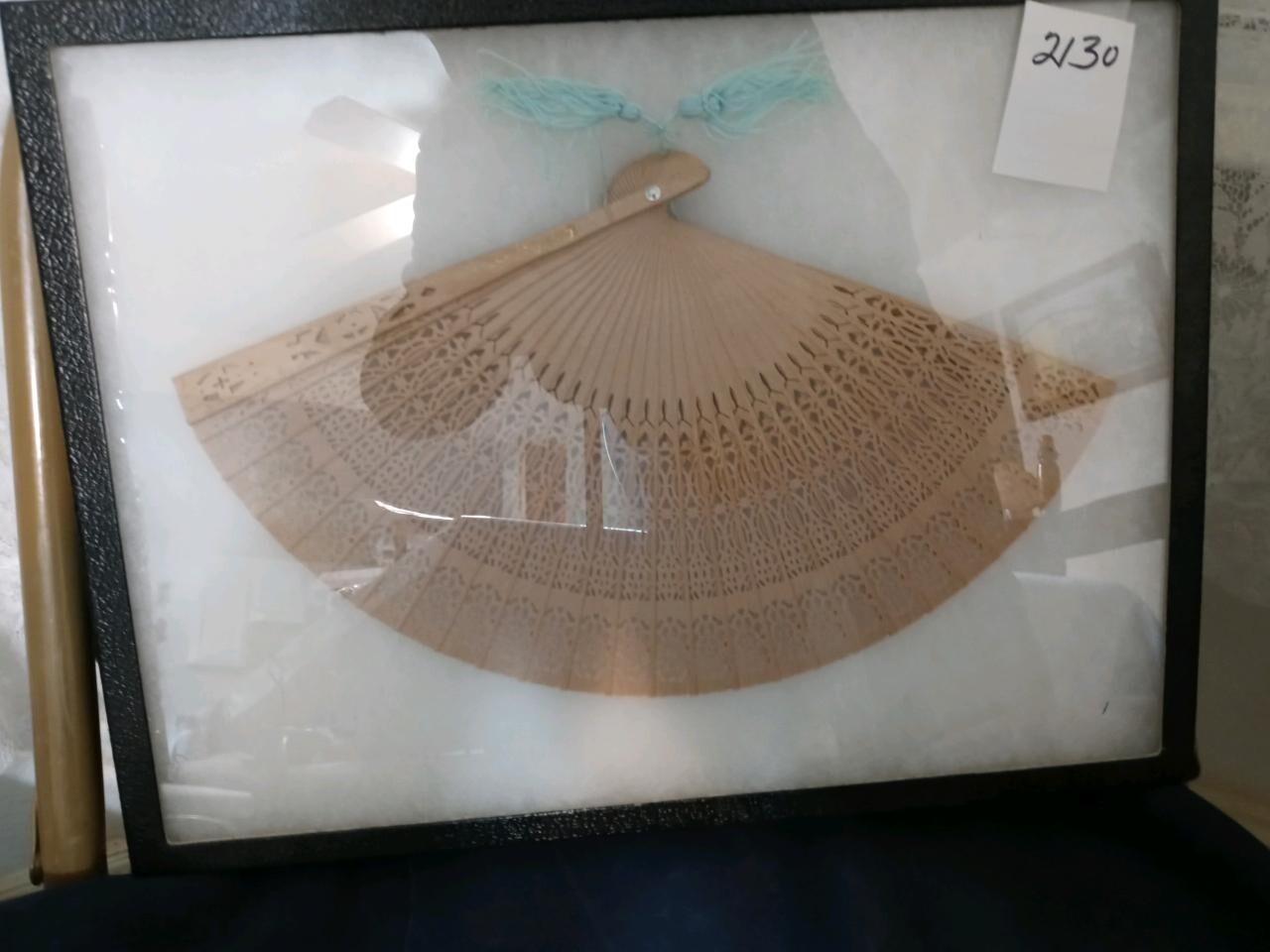 Wood Hand Fan with Floral Cut Out Design Stamp in Gold – 16″ Across Vintage