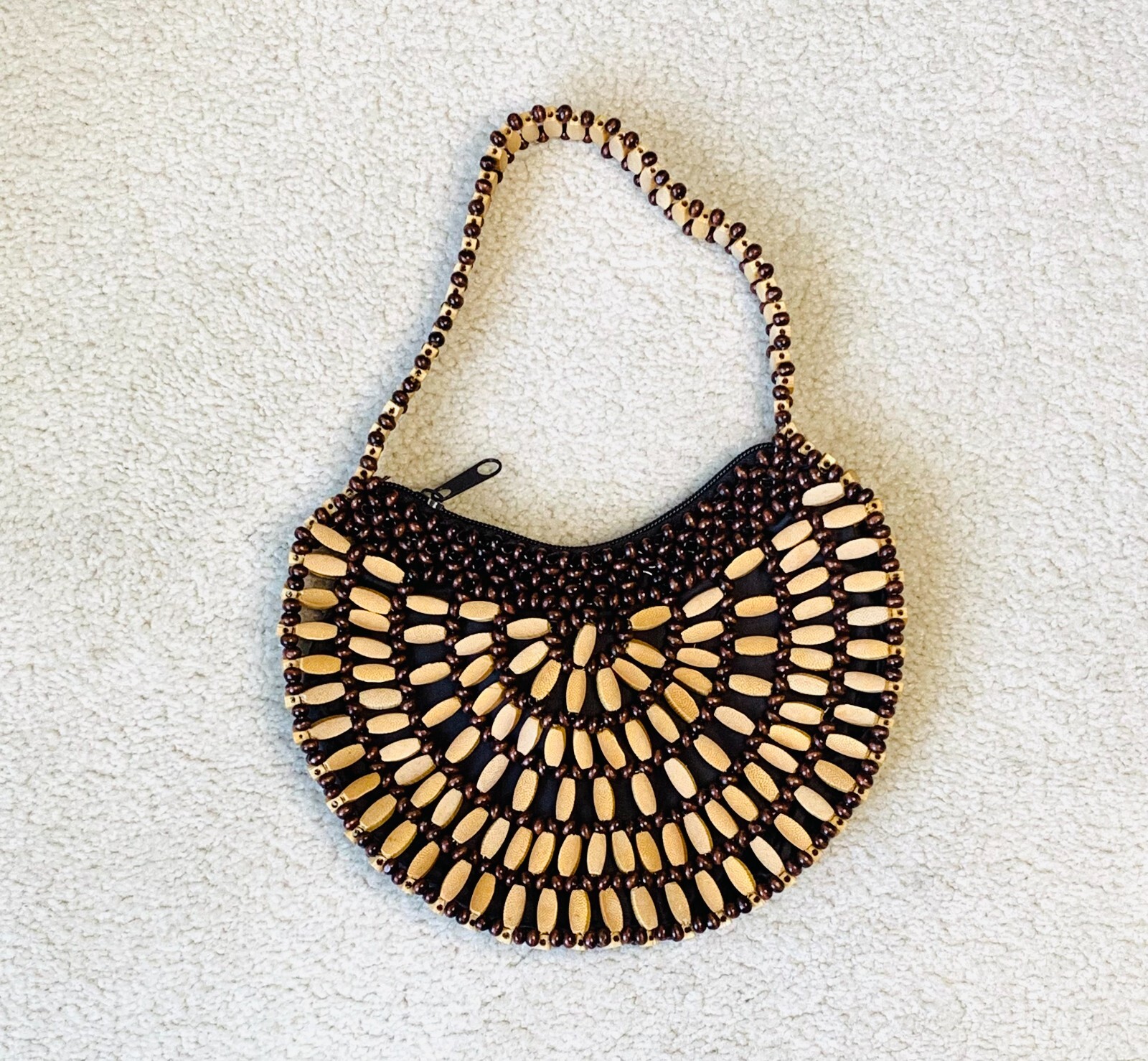 Vintage Beaded/Wooden Embellished Purse Zip Closure 8.5 x 5.5″ Boho Artsy