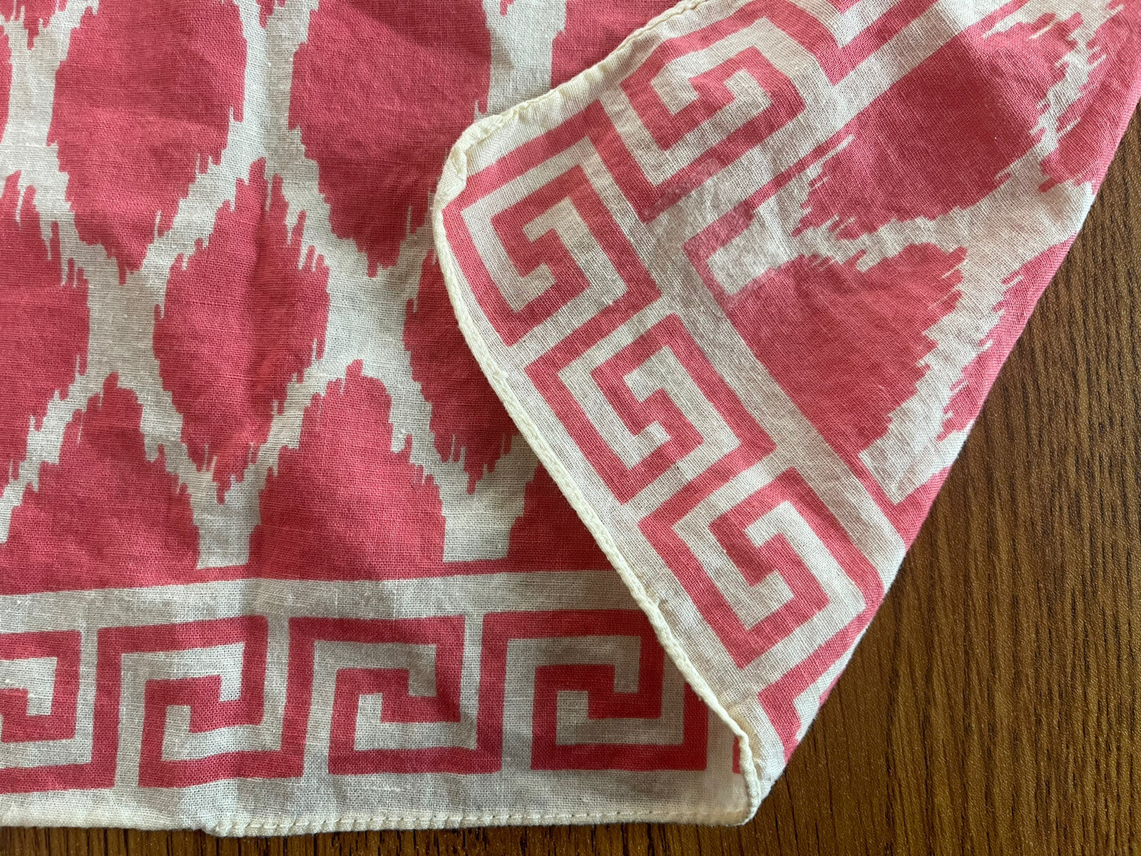 Vintage Coral Pink Cream Bandana Greek Key Diamond Print 19.5”x20.5”