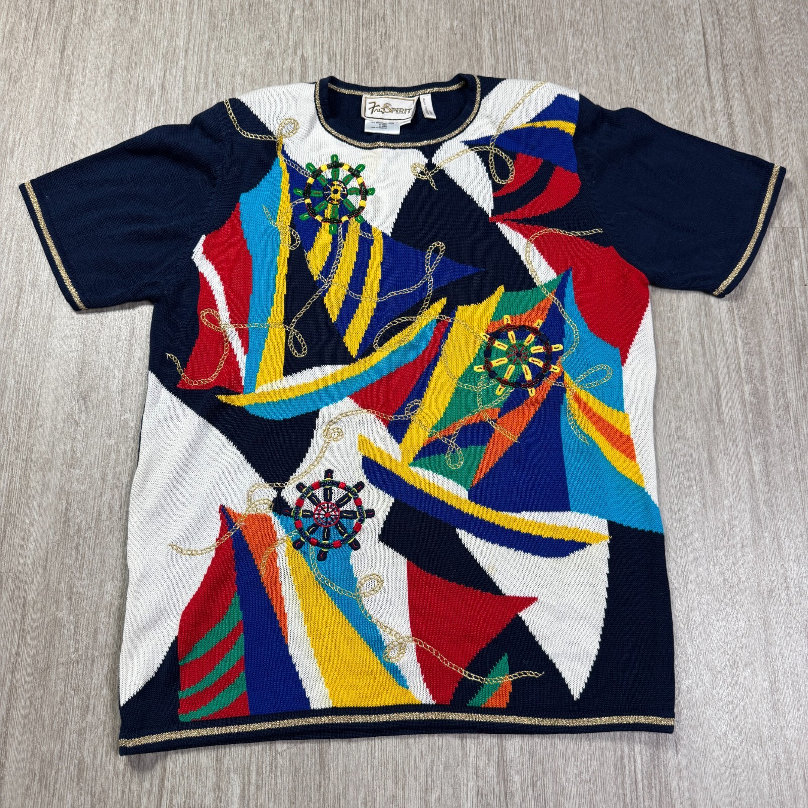 Vintage 90s Tres Spirit Nautical Rainbow Knit Shirt Embroidered S/M Short Sleeve
