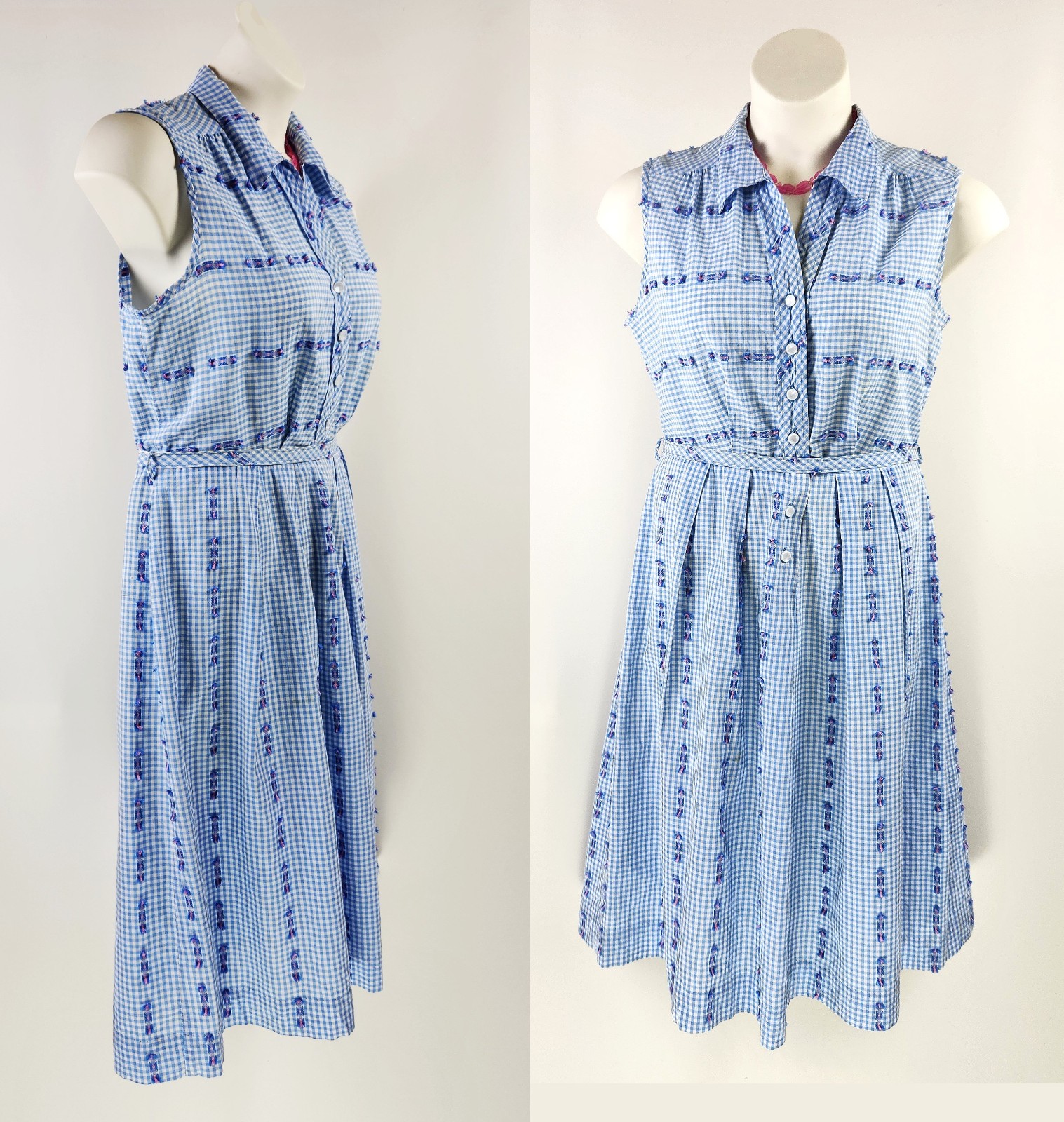 VTG 50S 60S SMALL Blue Gingham EMBROIDERED pink STRIPE ~house day work sun DRESS