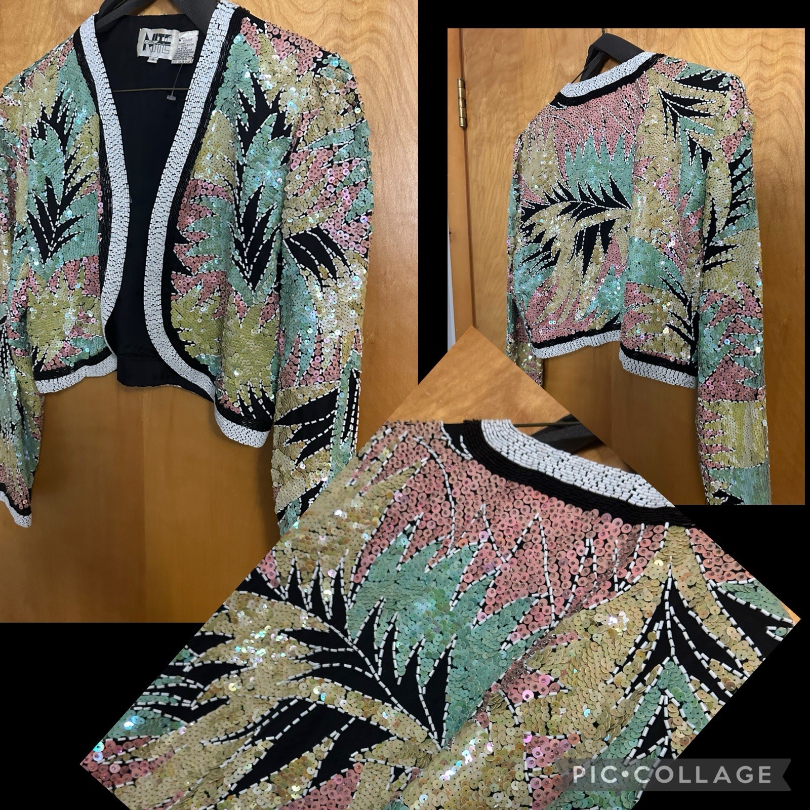 Vintage Sz S Silk Sequin Beaded Pastel Bolero Cropped Jacket Shrug Glam Rock