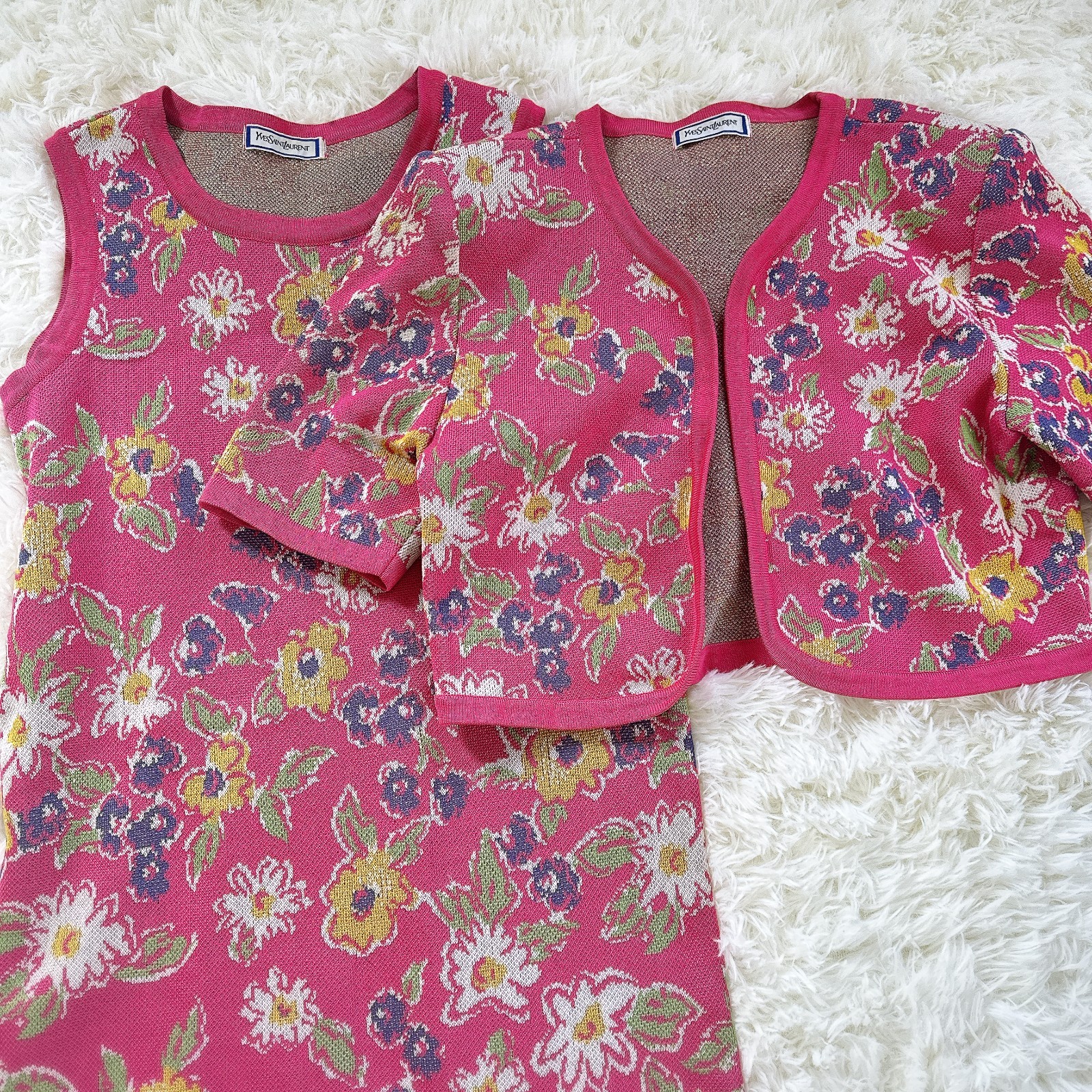 Vintage Yves Saint Laurent Paris Floral Knit Dress Cardigan Set Pink M